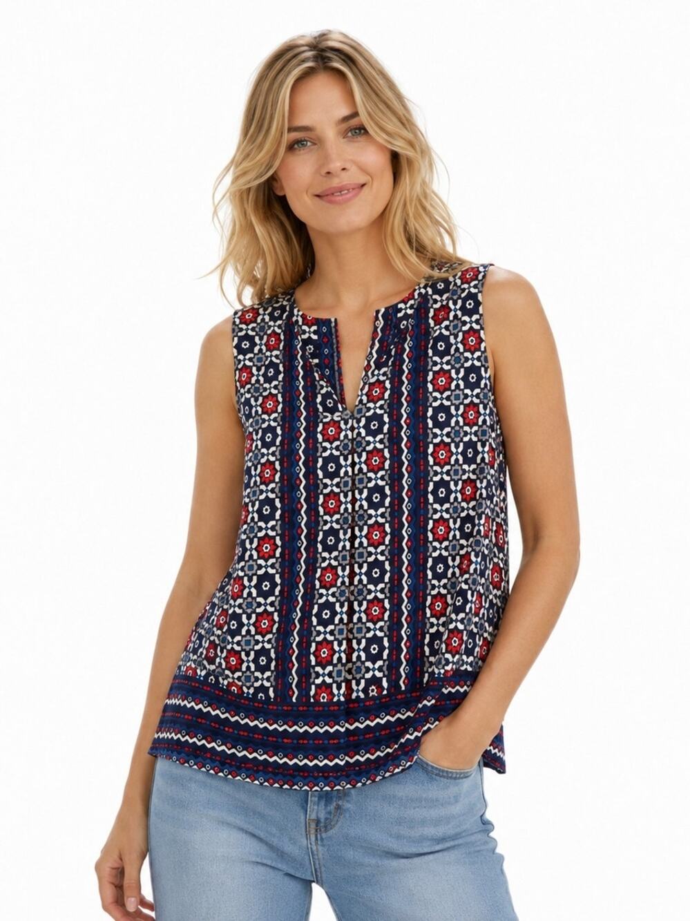 Laundry By Shelli Segal Navy Red and White Sleeveless Printed Camisole